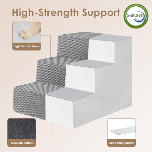 Image of EHEYCIGA Dog Stairs for Small Dogs 16.5 inch H, 3-Step Extra Wide Dog Steps for Couch Sofa and Chair, Pet Steps for Medium Cats, Non-Slip Balanced Pet Ramp Indoor, Grey