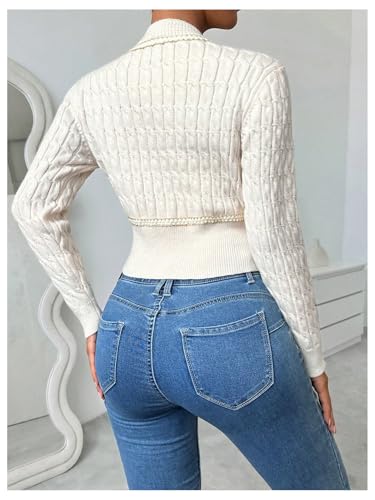 Image of MakeMeChic Women's Button Down Cropped Cardigan Beaded Slim Fit Cable Knit Sweaters Outwear White Medium
