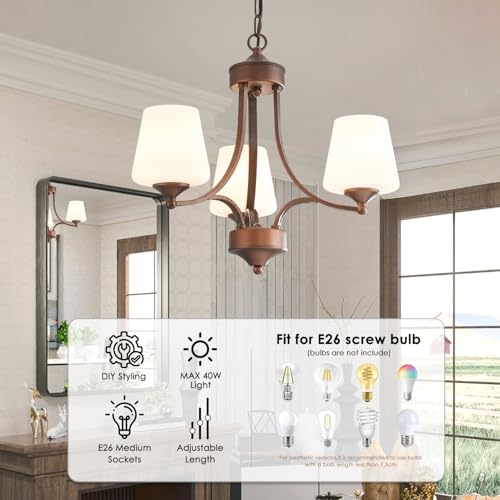 Image of 3-Light Oil Rubbed Bronze Chandelier for Dining Room Farmhouse Pendant Light Fixture with Frosted Glass Rustic Ceiling Lighting Modern Hanging Lamp for Kitchen Island Entryway, 47.2 inch Height Adjustable
