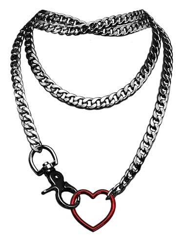 paloli Women's Slip Chain Red Heart O-Ring Chunky Chain Necklace, Gunmetal Cuban Long Layered Jewelry, Adjustable Lariat Y-Necklace Heart Loop Choker