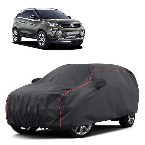Image of Sulfar 100% Water Resistant Car Body Cover Compatible with Mirror for Tata Nexon (Triple Stitched, Full Bottom Elastic, Dark Grey Taffeta with Red Piping)