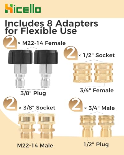 Hicello M22-14mm to 3/8 Inch Quick Connect, 8PCS Pressure Washer Adapter Set, 3/4 to 1/2 Quick Fittings for Power Washer Machines Guns Hoses and Garden Taps 5000 PSI 4 Hicello M22-14mm to 3/8 Inch Quick Connect, 8PCS Pressure Washer Adapter Set, 3/4 to 1/2 Quick Fittings for Power Washer Machines Guns Hoses and Garden Taps 5000 PSI - Image 4