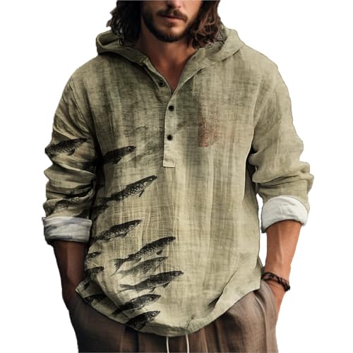 MARSVOVO Mens Hooded Shirt Vintage Retro 3 Button Long Sleeve Light Hoodie Fashion Casual Daily Tops for Spring Fall
