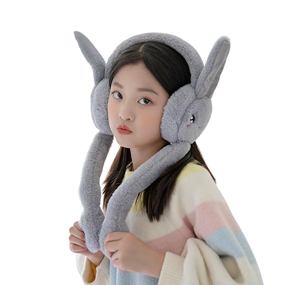 Women Winter Plush Soft Winter Movable Bunny Earmuff (Grey, Free SIze)-image-8