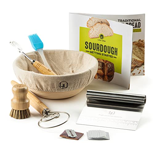 baking dough - Sourdough Start Kit - Sourdough Bread Baking Supplies with Banneton Bread Proofing Basket Bowl, Cloth, Whisk, Bread Lame, Dough Scraper, 2 Brushes - Sourdough Starter Kit Bread Making & Baking Tools