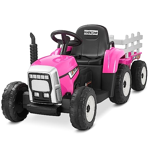 Image of Kidzone 12V 7AH Treaded Tires with Dual 25W Motors Remote Control Battery Powered Electric Tractor with Trailer Toddler Ride On Toy with 3-Gear-Shift 7-LED Lights, MP3 Audio - Pink