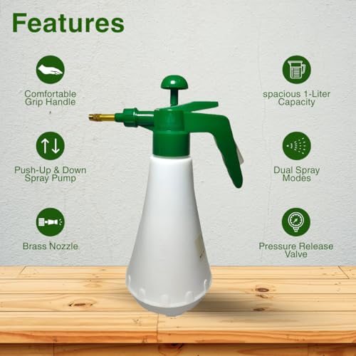 Image of 1 Litre Pressure Spray Pump | Handheld Water Sprayer for Gardening, Lawn & Indoor Plants | Adjustable Nozzle Garden Spray Bottle for Fertilizer, Pesticide & Cleaning Applications
