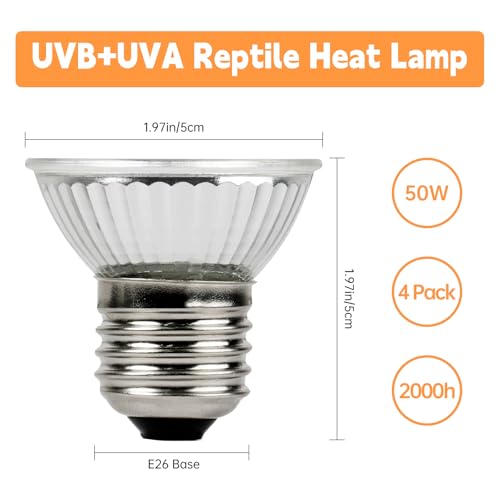 Image of Reptile Heat Lamp, UVA UVB Heat Lamp Bulbs, E26 Turtle Heat Lamp Bulbs 50W 4Pack, Basking Light for Bearded Dragon, Lizard, Snake and Frog