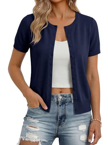 Image of GRACE KARIN Women Short Sleeve Cardigan, 2026 Summer Knitted Sweater Tops, Basic Crew Neck Crop Outfits