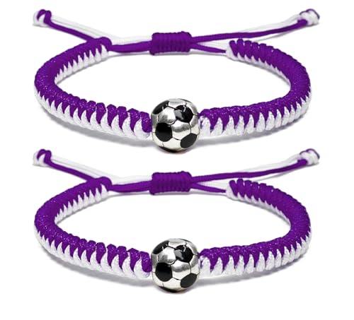 Lavoio Handmade Soccer Bracelet – Multicolor Adjustable Football Jewelry, Perfect Gifts for Soccer Fans, Coaches, and Players – Ideal for Birthdays, Tournaments, and Team Souvenirs (Purple 2PCS)