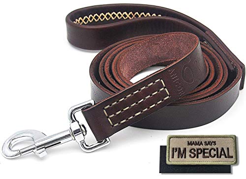 ANICOR Leather Dog Leash 6Ft&1'' Wrapped Handle Italy Cowhide(Never Fading) Heavy Duty Padded Lead for Medium, Large Dogs Training and Walking (Brown)