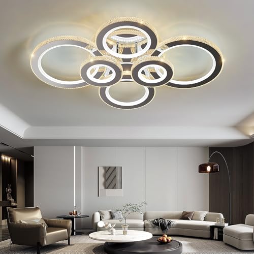 Image of Modern 98W Ceiling Light 6-Rings LED Ceiling Light Fixture with Remote Control Chrome Acrylic Dimmable Flush Mount Stainless Steel Chandelier for Livingroom Dining Room Kitchen Bedroom.