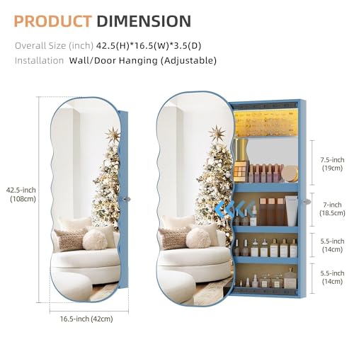 OUTDOOR DOIT Schmuckschrank Hängend mit Spiegel, Spiegelschrank Abschließbarer Wandspiegel zum Aufhängen der Wand Großer Stauraum für Schlafzimmer Blau