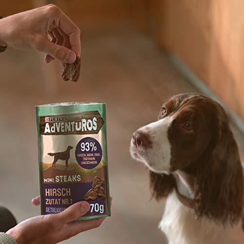 PURINA Adventuros Hundeleckerlis Mini Steaks mit Hirsch Beutel, 7er Pack (7 x 70 g)