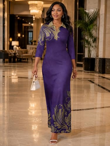 Image of PinkPatty Women's Casual 3 /4 Sleeve Polo V Neck Bodycon Maxi Dress