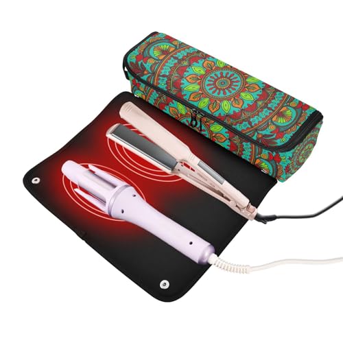 Bolsa de viaje para herramientas de cabello con almohadilla resistente al calor, bolsa portátil para planchas, rizadores y secadores, diseño boho floral mandala verde miniatura 2