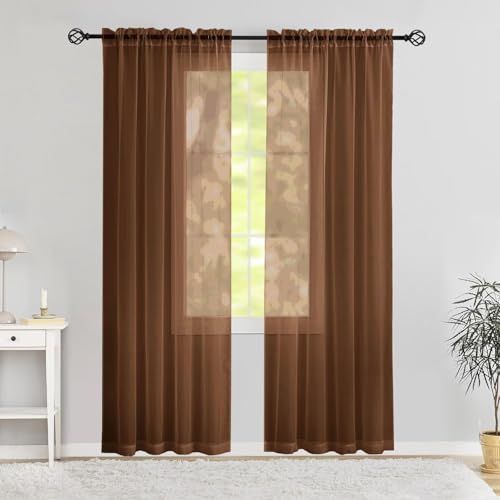 Karseteli Semi Voile Sheer Curtains 84 Inches Long 2 Panels Rod Pocket Window Treatment for Living Room Bedroom Dining Room(Brown 42 W x 84 L)