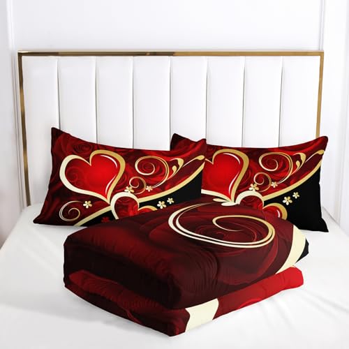 Image of AILONEN Red Rose Bedding Queen Size Couple Heart Love Comforter Set,Red and Black Comforter Set,Romantic Flower Bedding Set 3-Piece for Bedroom,1 Comforter with 2 Pillowcases