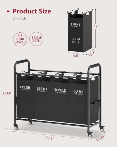 4-Bag-Laundry-Sorter-Cart-Laundry-Sorter-4-Sections-Black-Laundry-Hamper-with-Heavy-Duty-Lockable-Wheels-Laundry-Basket-Organizer-with-Removable-Bags-Laundry-Room-Bathroom-Bedroom