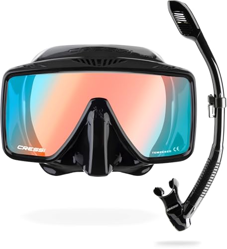 Cressi SF1 Quadratische Tauchmaske & Dry-Schnorchel - Geringes Innenvolumen - Dry-Schnorchel-Set mit Anti-Splash - Schnorchelmaske für Erwachsene - Schwarz/380 UV Blau Orange Glas