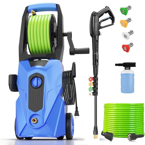 commowner 5000PSI Electric Pressure Washer, 2025 New Power Washer with 33FT Flexible Extension Pressure Washer Hose Reel, 4 Nozzles, Professional Power Washers for Home/Car(Blue)