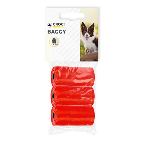 Croci - Sacchetti per Bisogni dei Cani, 3 Rotoli x 20 Pezzi, Totale 60 Igienici per Escrementi, Resistenti Anti Rottura, Strappo Facile, Colore Rosso