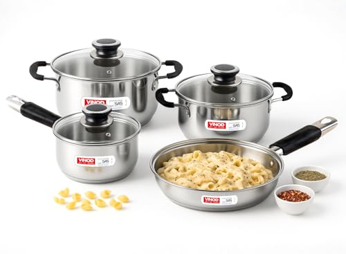 Vinod Stainless Steel Induction and Gas Stove Friendly Master Chef Cookware Set- 4Pieces, Saucepan (16 cm/1.5 Litre), Casserole (18 cm /2.1 L Kadai (20 cm/ 2 Litre) with Glass Lids, Frypan (20 cm).