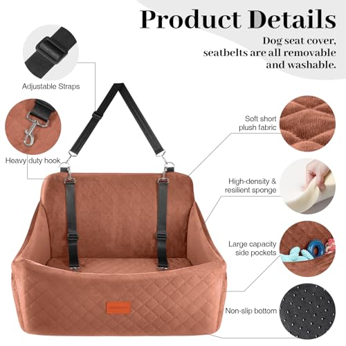Wooaidagg Dog Car Seat for Large Size Dog Up to 55lbs,Easy to Install Car Dog Bed with Super Soft Fabic and Filling in Memory Foam,Fully Detachable and Washable Pet Car Seat(Brown,Large)