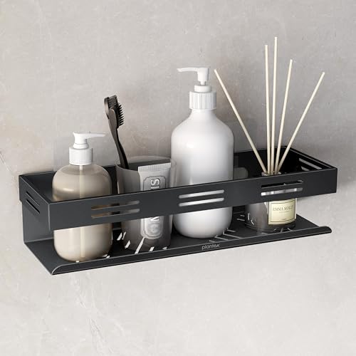 Image of Plantex Self Adhesive Bathroom Shelf /Bathroom Organizer Without Drill /Stainless Steel Kitchen Wall Rack Shelf-Pack of 1 (12 x 4 Inch - Black)