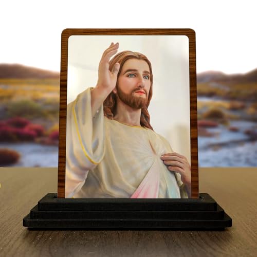 Image of Lord Jesus Christ Wooden Statue (7.5 x 10 cm) - Ideal Spiritual Gift for New Car, Housewarming & Christmas - Compact Sacred Jesus Showpiece for Home Temple & Office Desk