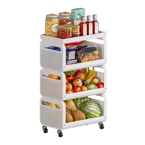 NexaGeniX Carro de Almacenamiento Estante Organizador de Cesta Frutas y Verduras, Carrito Almacenamiento Cocina móvil 3 Niveles(Blanco)