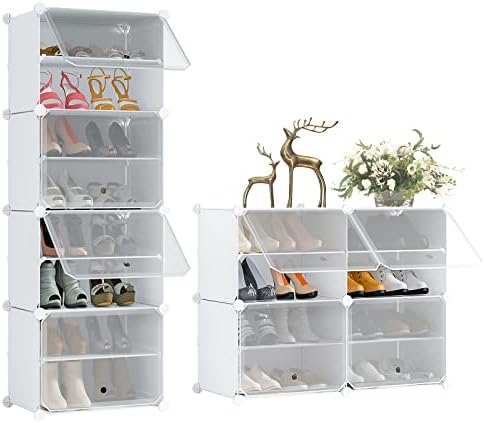 UNZIPE Shoe Rack, 8-Tier Shoe Storage Cabinet 16 Pair Free Standing Shoe Racks Plastic Shoes Shelves DIY Cube Organizer for Closet Hallway Bedroom Entryway Garage, White