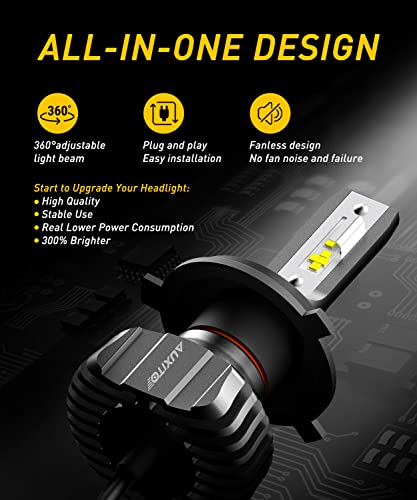 Image of AUXITO H4 9003 HB2 LED Bulbs Fanless, Adjustable Beam 6500K Xenon White, 400% Visibility H4 Lights Replacement, Pack of 2