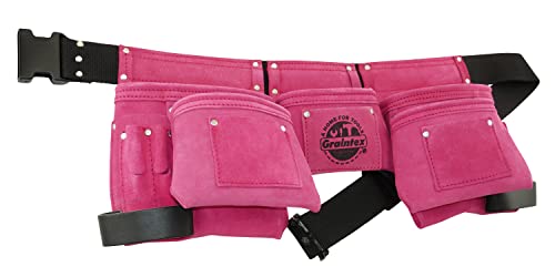 Graintex Ds1118 8 Pocket Pink Tool Belt In Suede Leather With 2” Webbing Belt, 2 Leather Hammer Holders Loops #TOP2