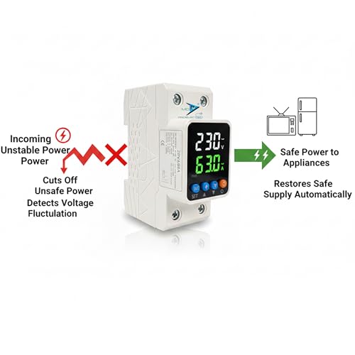 Image of MD Proelectra Automatic Digital Over /under Voltage and Over load Current Protector with adustable setting and Auto Re-Connect, 63A, 240V, DIN Rail Mount with LED Display (15KW)