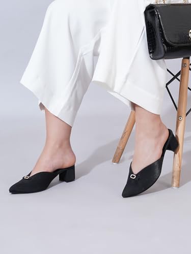Image of Shoetopia Women's Pointed Toe Mules with Low Block Heel | Stylish Slip-On Heels for Casual & Party Footwear
