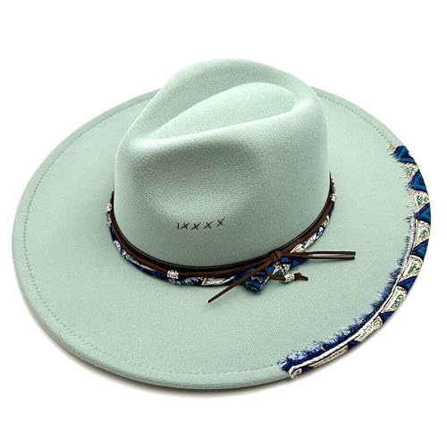 Wotfim Big Wide Brim Fedora Hat For Women Man Felt Panama Hat With Band Western Outdoor Hat-Blue cover