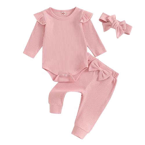 Image of Newborn Baby Girl Clothes Fall Winter Ribbed Knit Outfit Long Sleeve Romper Bodysuit Bow Pants Headband Set