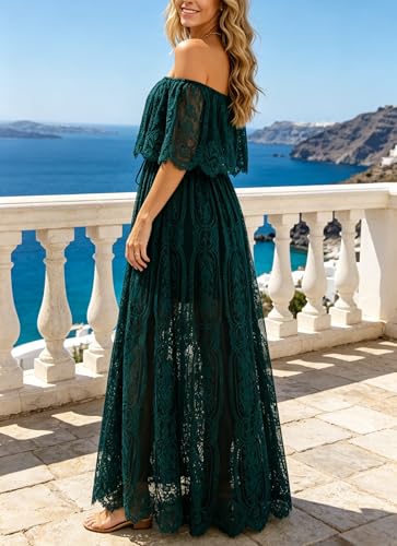 Image of Cercis Womens Off The Shoulder Floral Lace Maxi Wedding Dress Boho Flowy Wedding Guest Formal Long Dresses