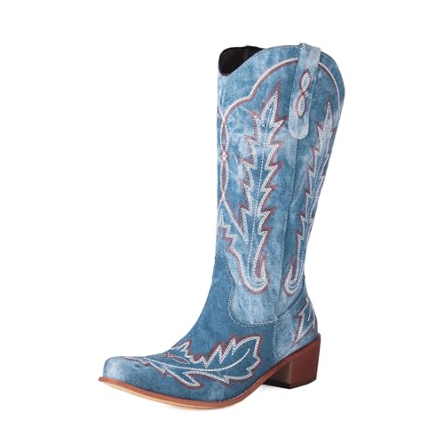 Bottes de cow-girl à talon épais FGRID, l'élégance des broderies d'hiver au genou