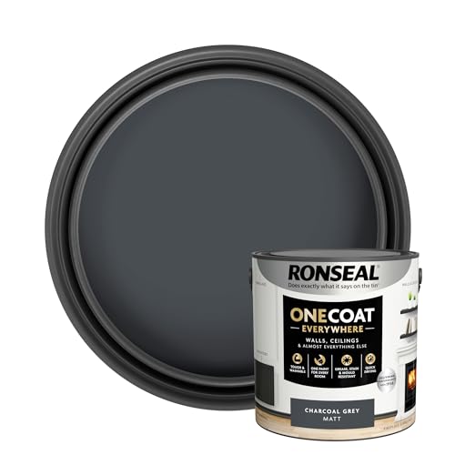Ronseal One Coat Everywhere Paint Charcoal Grey Matt 2.5L Durable Interior Paint for Walls & Ceilings Smooth Finish Quick Coverage Ideal for Easy Home Projects