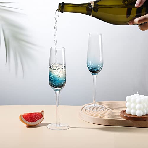 Joeyan Blue Crackle Champagne Flutes Glasses Set of 2, 200ml Unique Handmade Aesthetics Glassware Art Decoration - Image 3