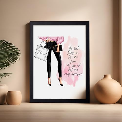 Image of Poster Master The Best Thing In Life Are Free Poster - Fashion Print - Trendy Art - Modern Art - Gift for Women & Fashionista - Funny Glamour Decor for Bedroom or Girl's Room, 16x20 Black Framed