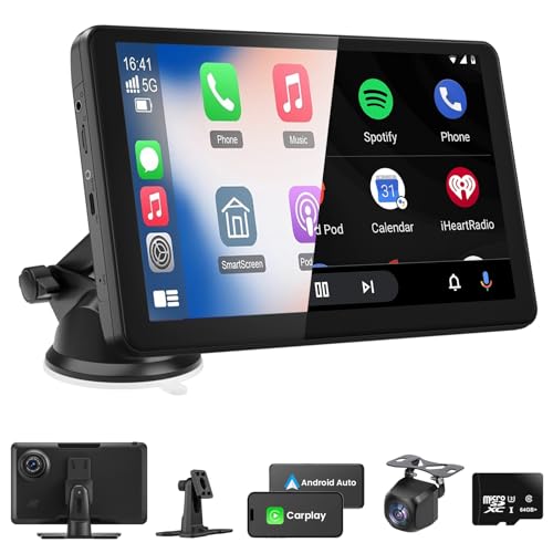 Wireless Portable Carplay Screen with 4K Dash Cam, 9" HD Touch Screen with A-pple Carplay & Android Auto Car Stereo, with 1080p Backup Camera, GPS Navigation/Mirror Link/Voice Control/Bluetooth