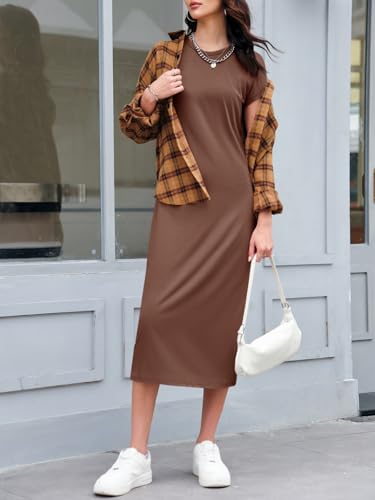 Image of Wenrine Women's Short Sleeve T-Shirt Dress Summer Crew Neck Basic Solid Casual Long Midi Dresses