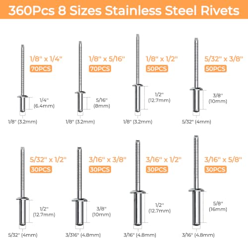 Image of INCLY 720Pcs 304 Stainless Steel Rivets with Washer Assortment Kit | 8 Sizes Pop Rivets, 1 /8 inch, 5 /32 inch, 3 /16 inch, with 3 Sizes Washers, Stainless Rivets for Metal, Automotive, Furniture, DIY Repair