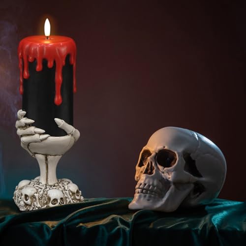 Image of Black Flameless Flickering Candles with Timer, Blood Dripping Wax Effect Battery Operated LED Pillar Candle with Skeleton Hand Candle Holder Halloween Table Centerpiece Decor(4 inch x 11 inch)