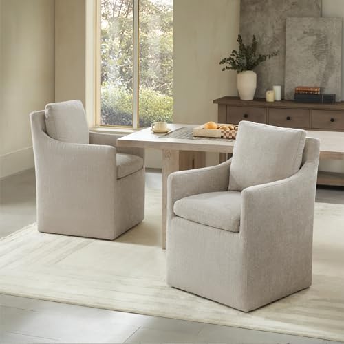 Image of KISLOT Upholstered Dining Chairs with Casters, No Assembly Modern Accent Armchair with Rollers for Dining Room, Bedroom, Living Room, Reading Room, Already Assembled, Sand, 2 Box
