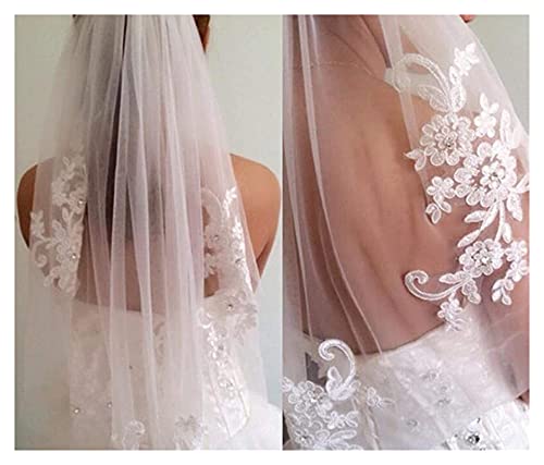 Velo Vuelos de Boda de Tul Cortos de una Capa con Peine Blanco Marfil Longitud de Cintura con Cuentas de Diamante apliquen el Velo Nupcial (Color : White, Item Length : 75 cm) Cover