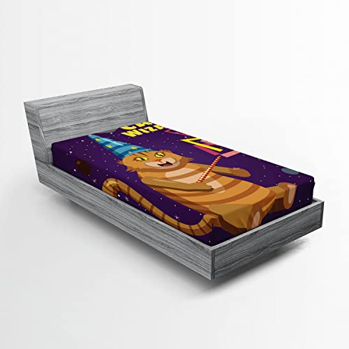 Ambesonne Humorous 2 Pack Fitted Sheet, Cat Wizard Funny Cartoon, Bed Cover All-Round Elastic Deep Pockets 2 Pieces, Package Contains 2 Twin Size Fitted Sheets, Quartz and Multicolor